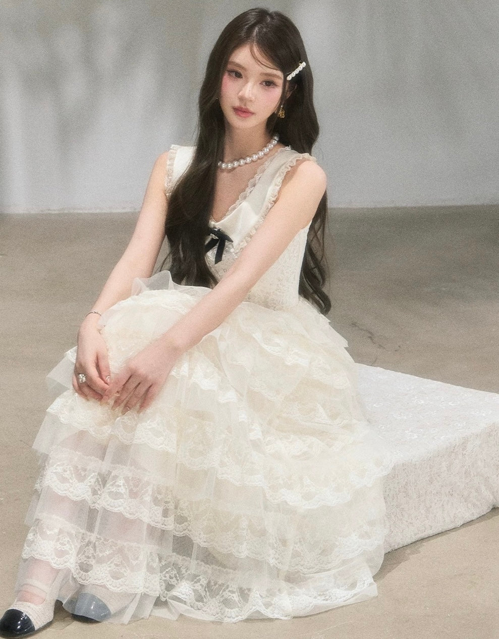 lace ribbon frill long one-piece KS1292