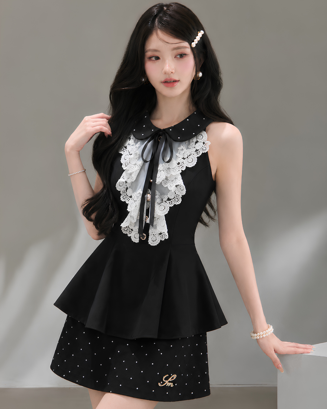 lace luxury black tops & skirt KS1327