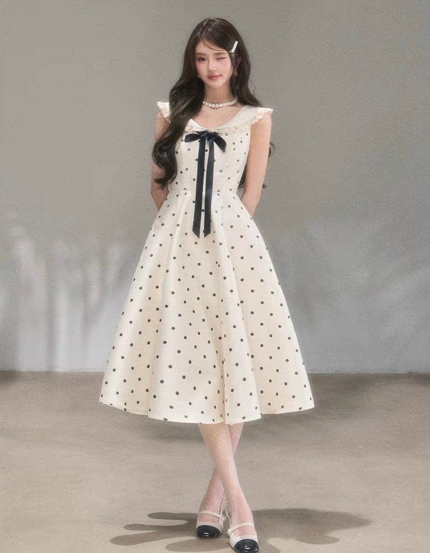 dot ribbon girly long one-piece KS1288