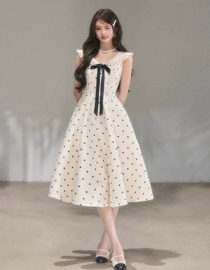 dot ribbon girly long one-piece KS1288