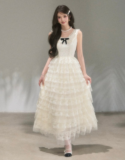 lace ribbon frill long one-piece KS1292