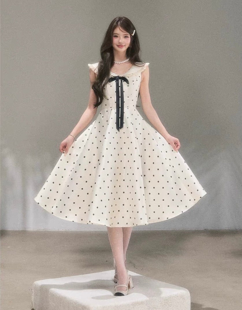 dot ribbon girly long one-piece KS1288