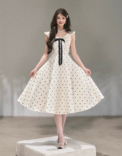dot ribbon girly long one-piece KS1288