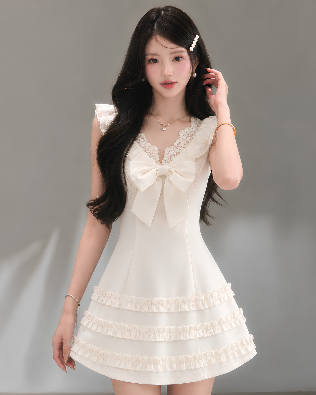 ribbon center frill one-piece KS1324