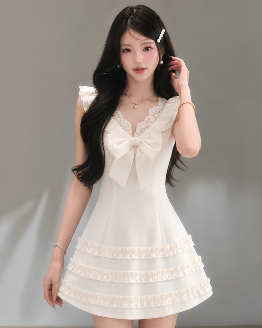 ribbon center frill one-piece KS1324