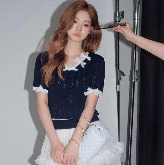 navy contrast ribbon tops KS1162
