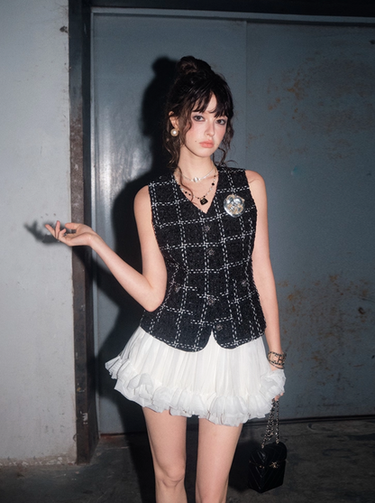 tweed black vest tops KS1167