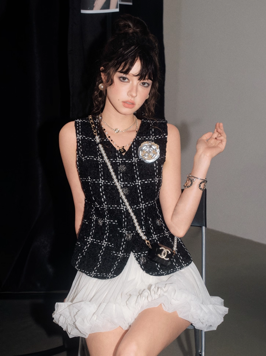 tweed black vest tops KS1167