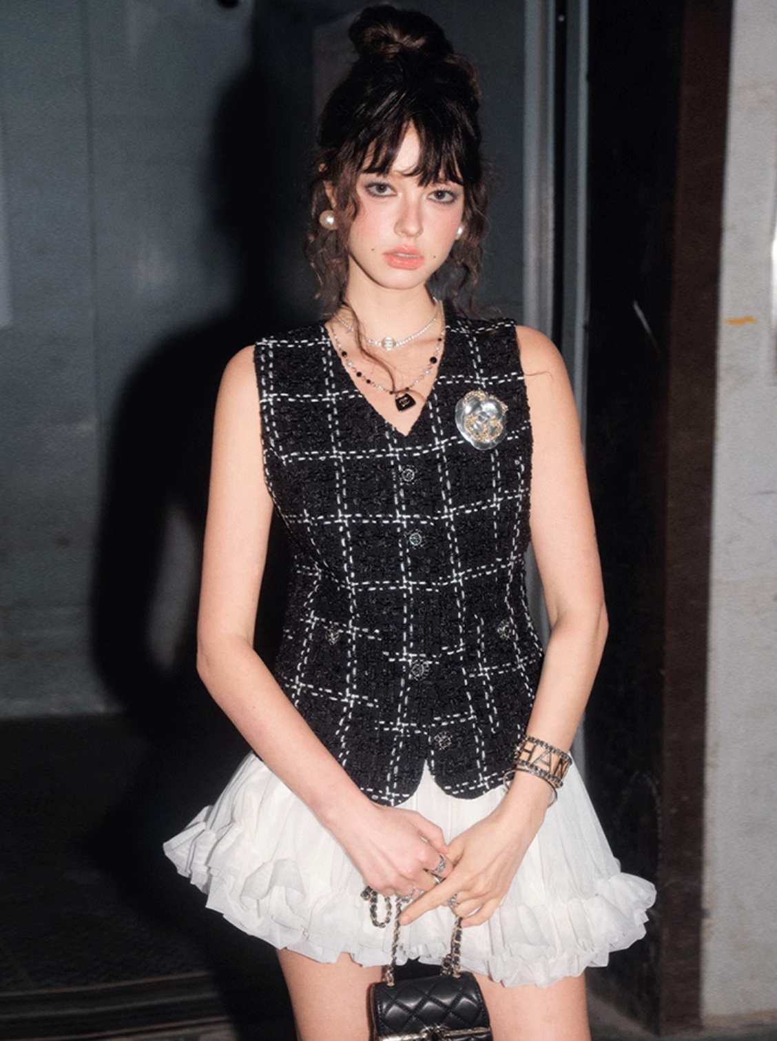 tweed black vest tops KS1167