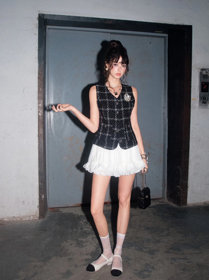 tweed black vest tops KS1167