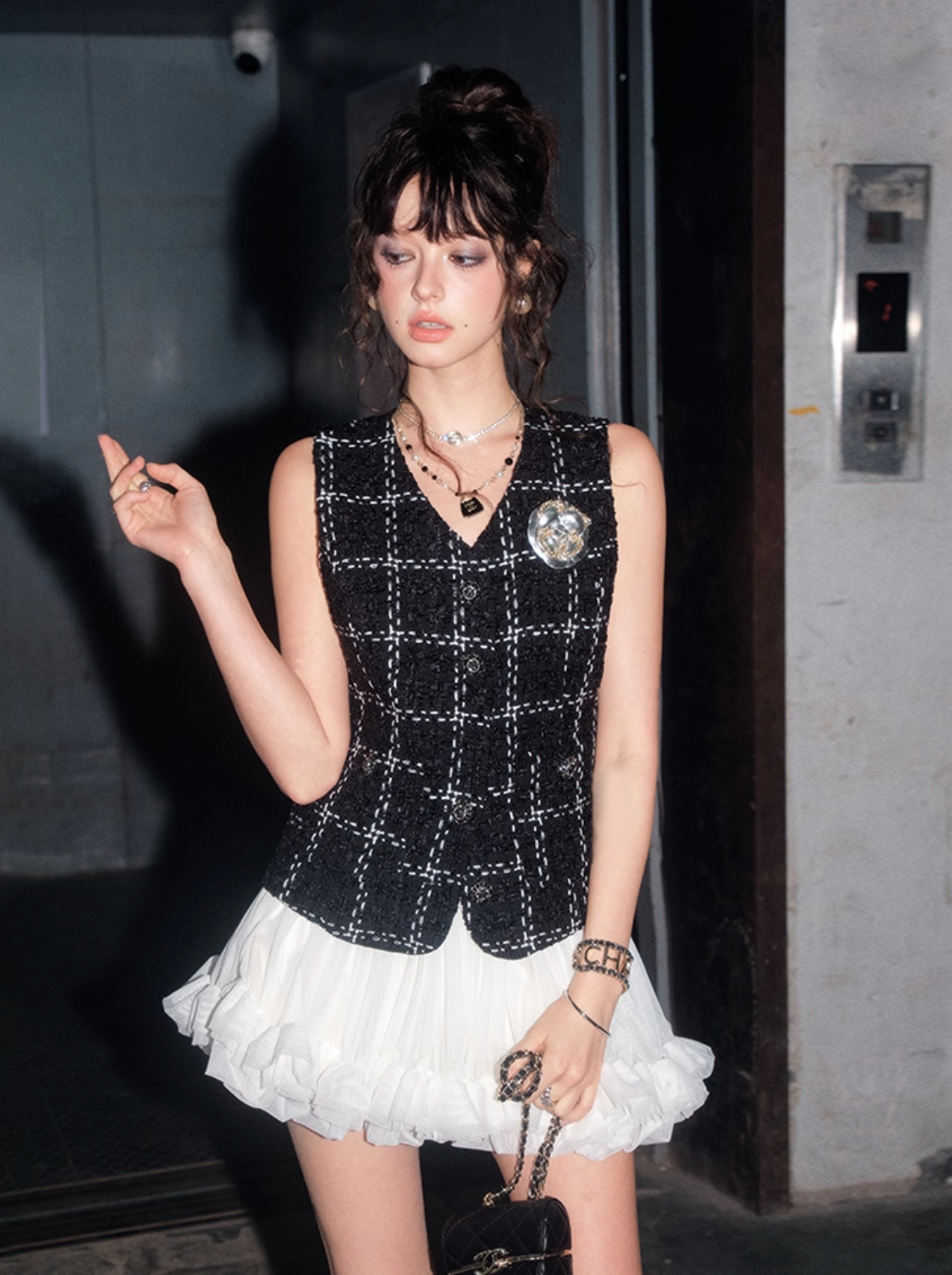 tweed black vest tops KS1167