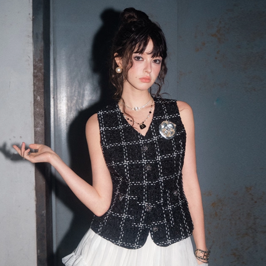 tweed black vest tops KS1167