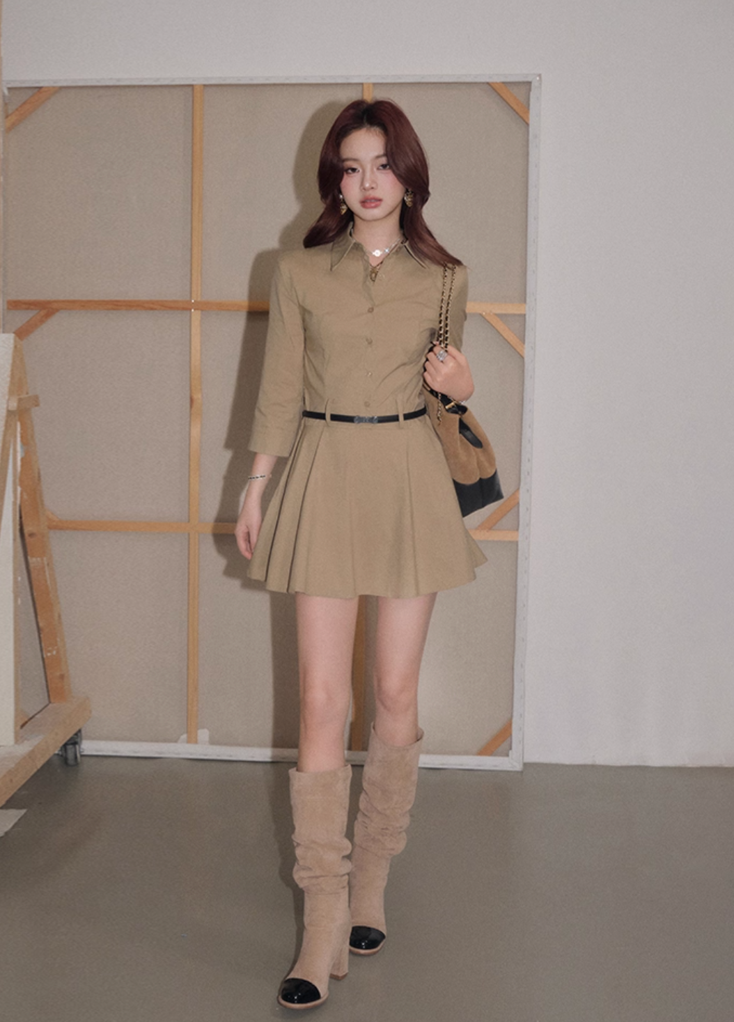 high-end beige pleats one-piece KS1186