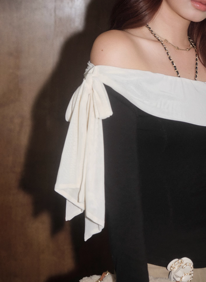 off shoulder white ribbon tops KS1189