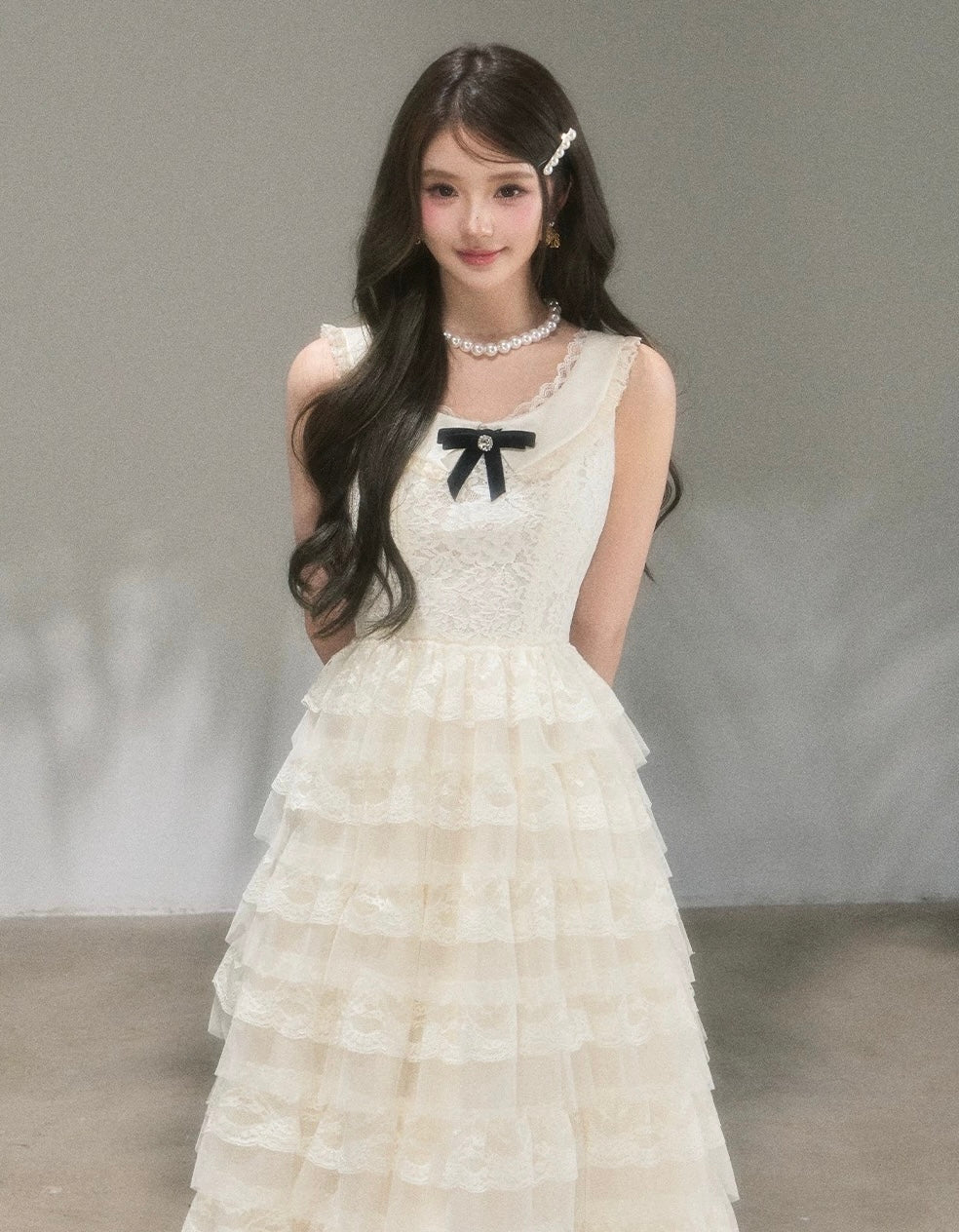 lace ribbon frill long one-piece KS1292