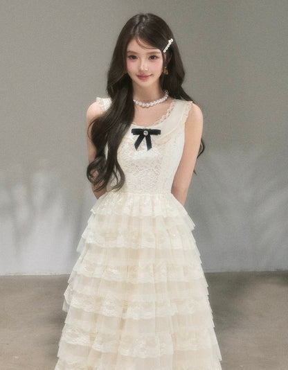 lace ribbon frill long one-piece KS1292