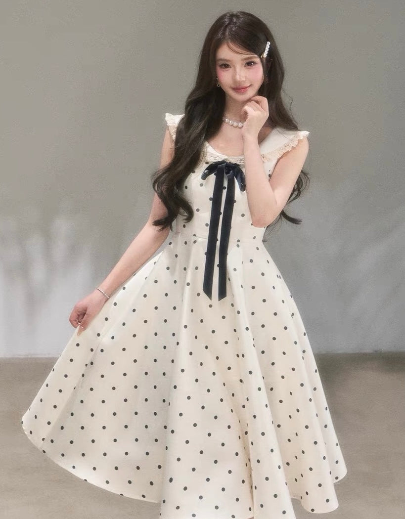 dot ribbon girly long one-piece KS1288