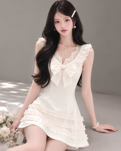 ribbon center frill one-piece KS1324