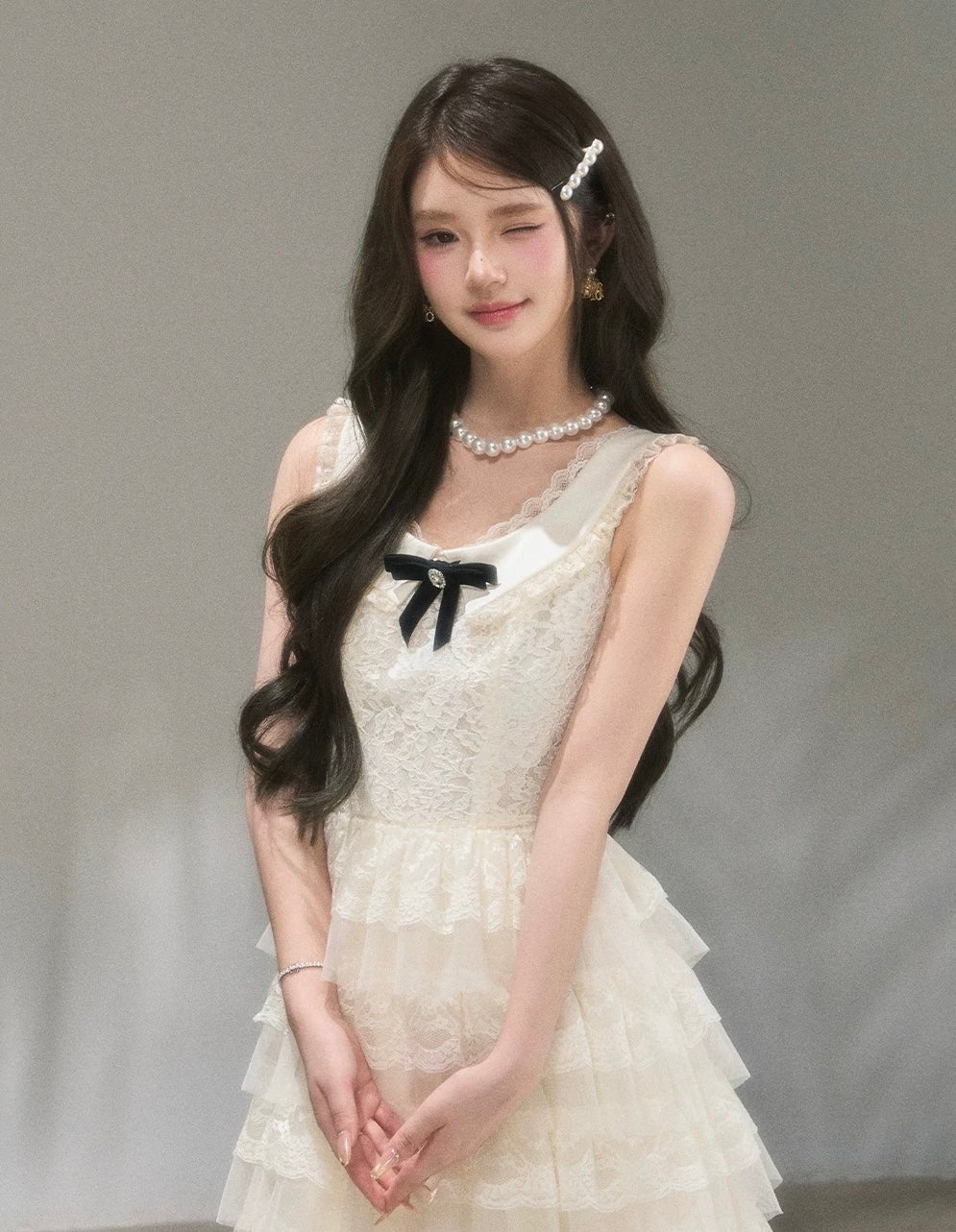 lace ribbon frill long one-piece KS1292