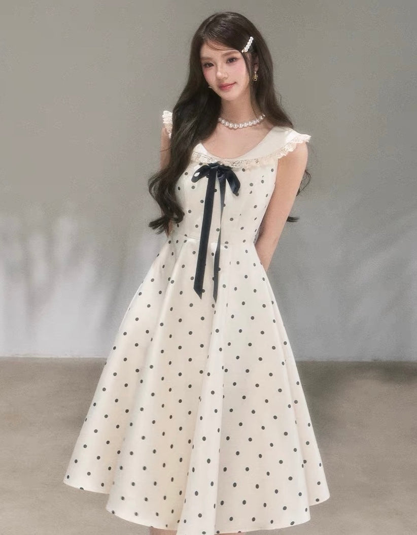 dot ribbon girly long one-piece KS1288