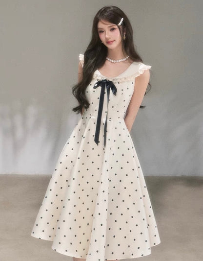 dot ribbon girly long one-piece KS1288