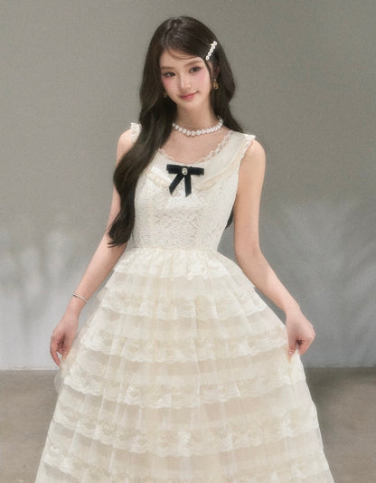 lace ribbon frill long one-piece KS1292