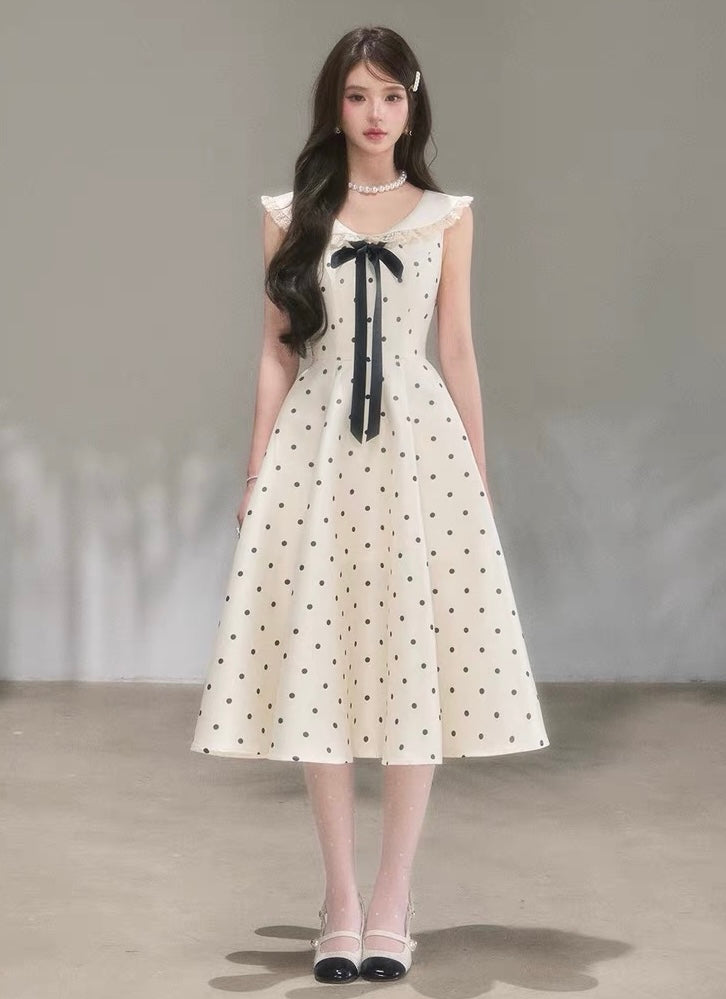 dot ribbon girly long one-piece KS1288