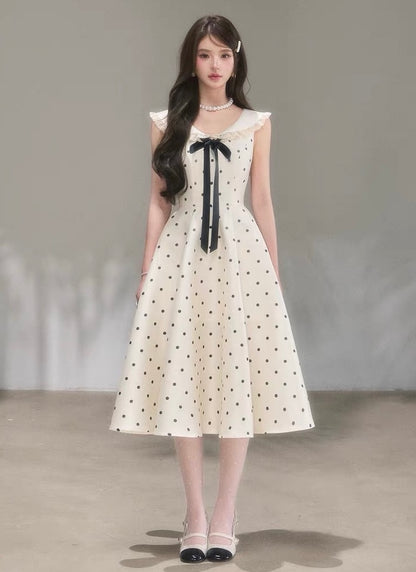 dot ribbon girly long one-piece KS1288