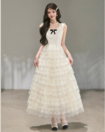lace ribbon frill long one-piece KS1292