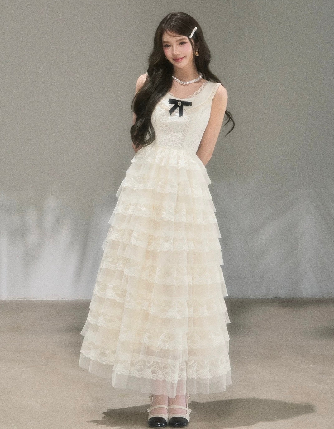 lace ribbon frill long one-piece KS1292