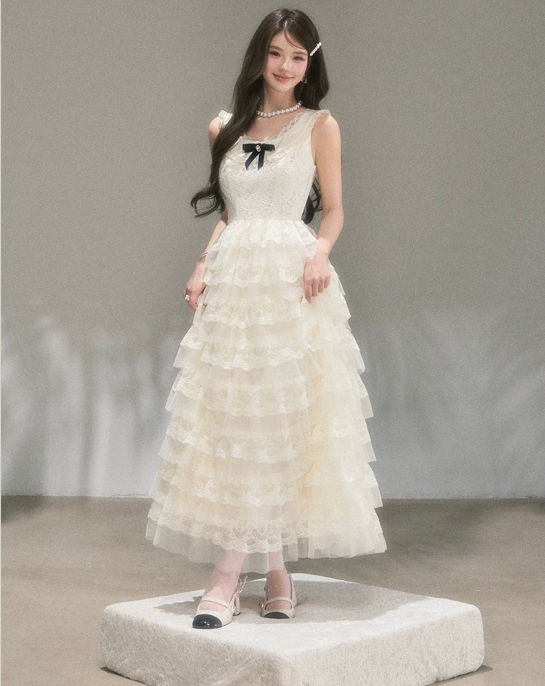 lace ribbon frill long one-piece KS1292