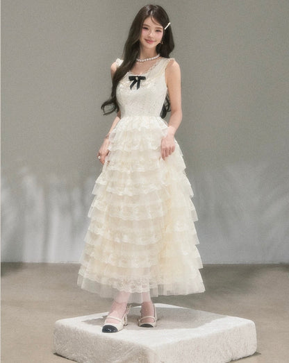 lace ribbon frill long one-piece KS1292