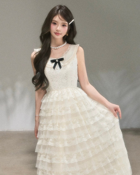lace ribbon frill long one-piece KS1292