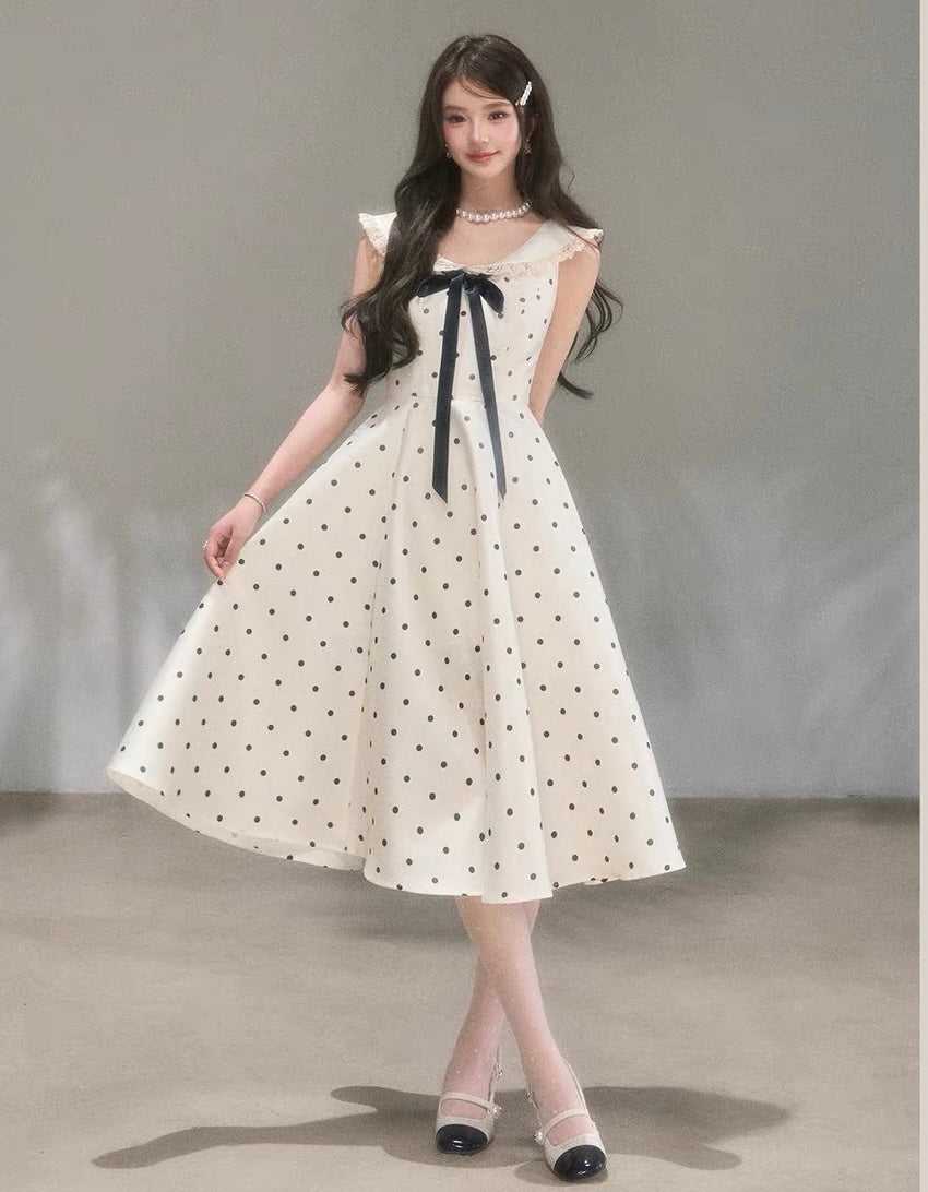 dot ribbon girly long one-piece KS1288