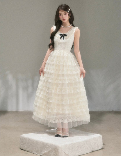 lace ribbon frill long one-piece KS1292