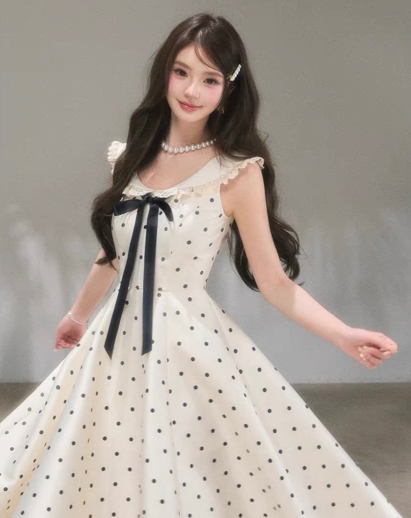 dot ribbon girly long one-piece KS1288