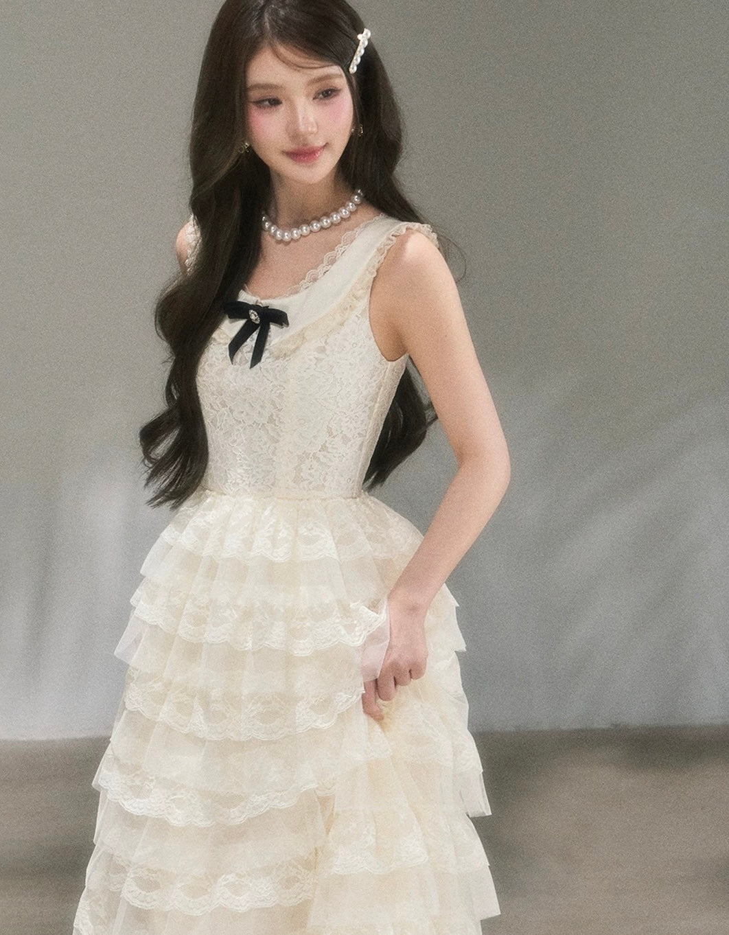 lace ribbon frill long one-piece KS1292