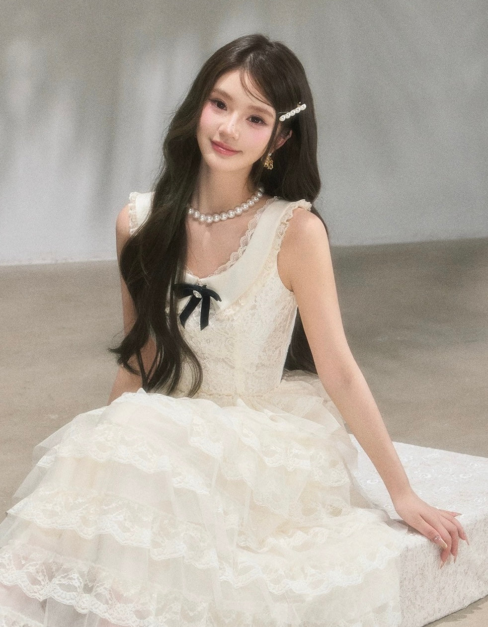 lace ribbon frill long one-piece KS1292